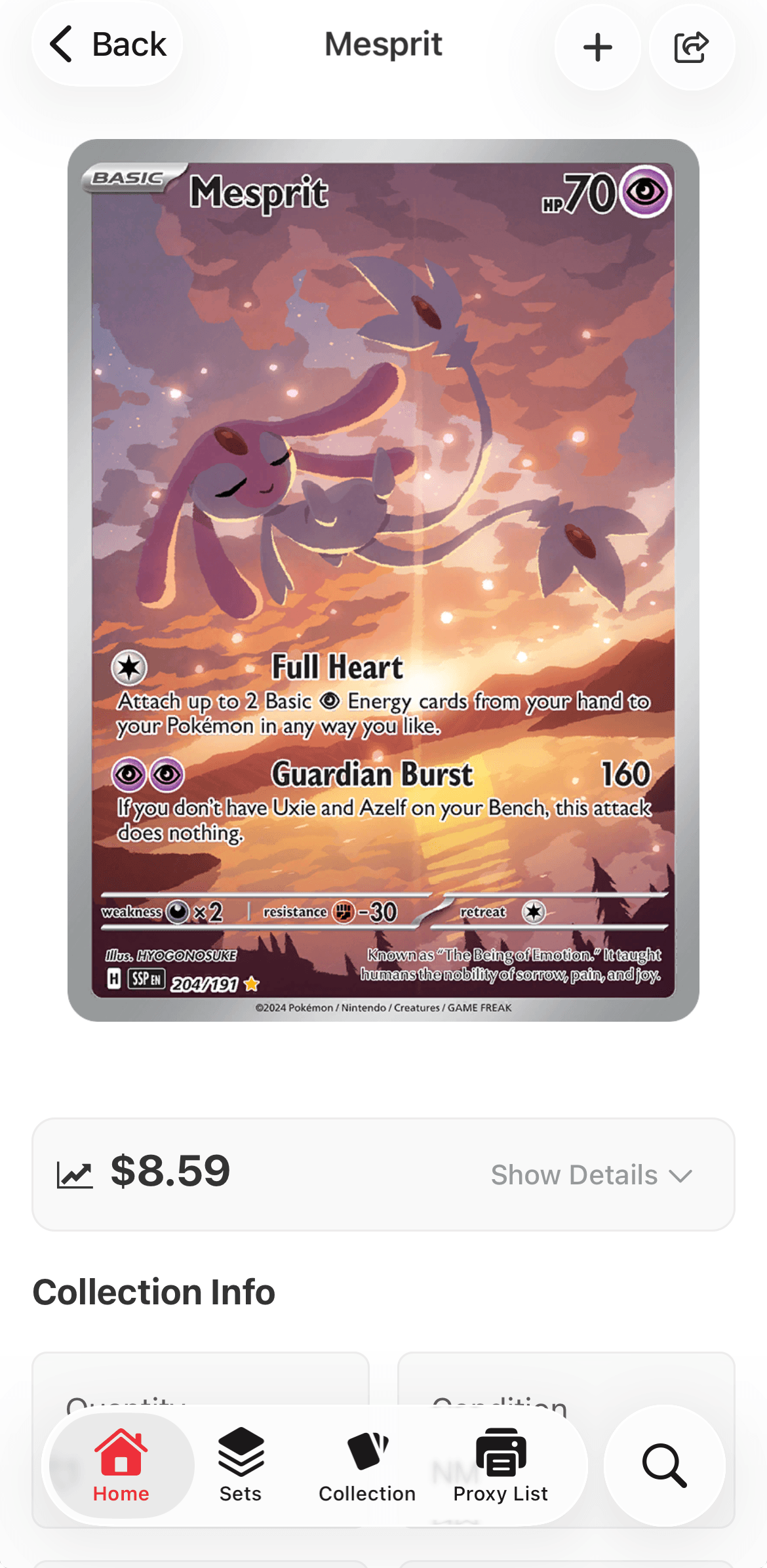 TCG Stacked App Card Detail Screen