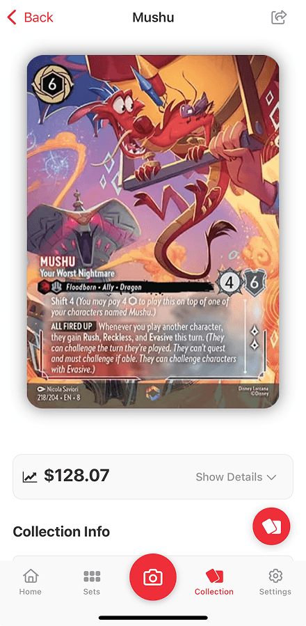TCG Stacked App Disney Lorcana Card Detail Screen
