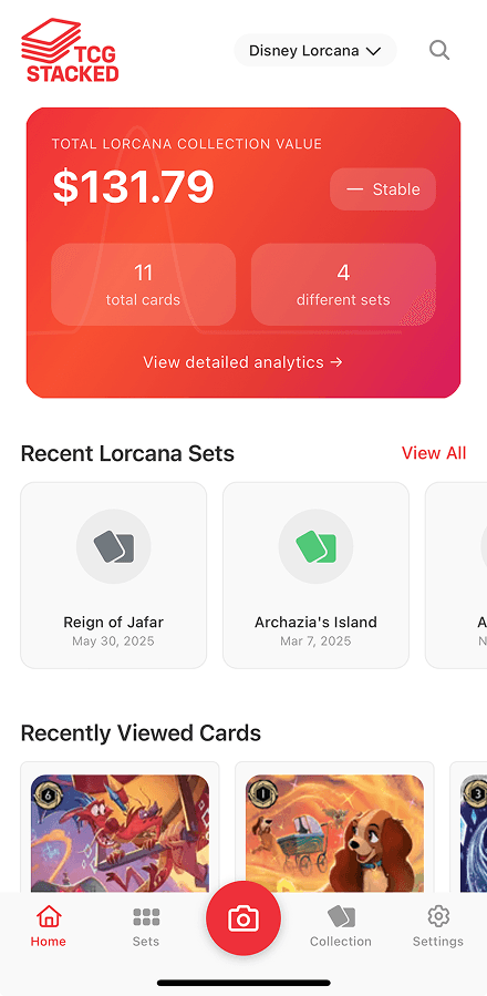TCG Stacked App Home Screen with Disney Lorcana