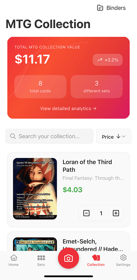TCG Stacked App MTG Collection Screen