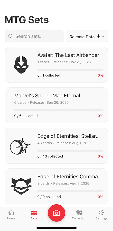 TCG Stacked App MTG Sets Screen