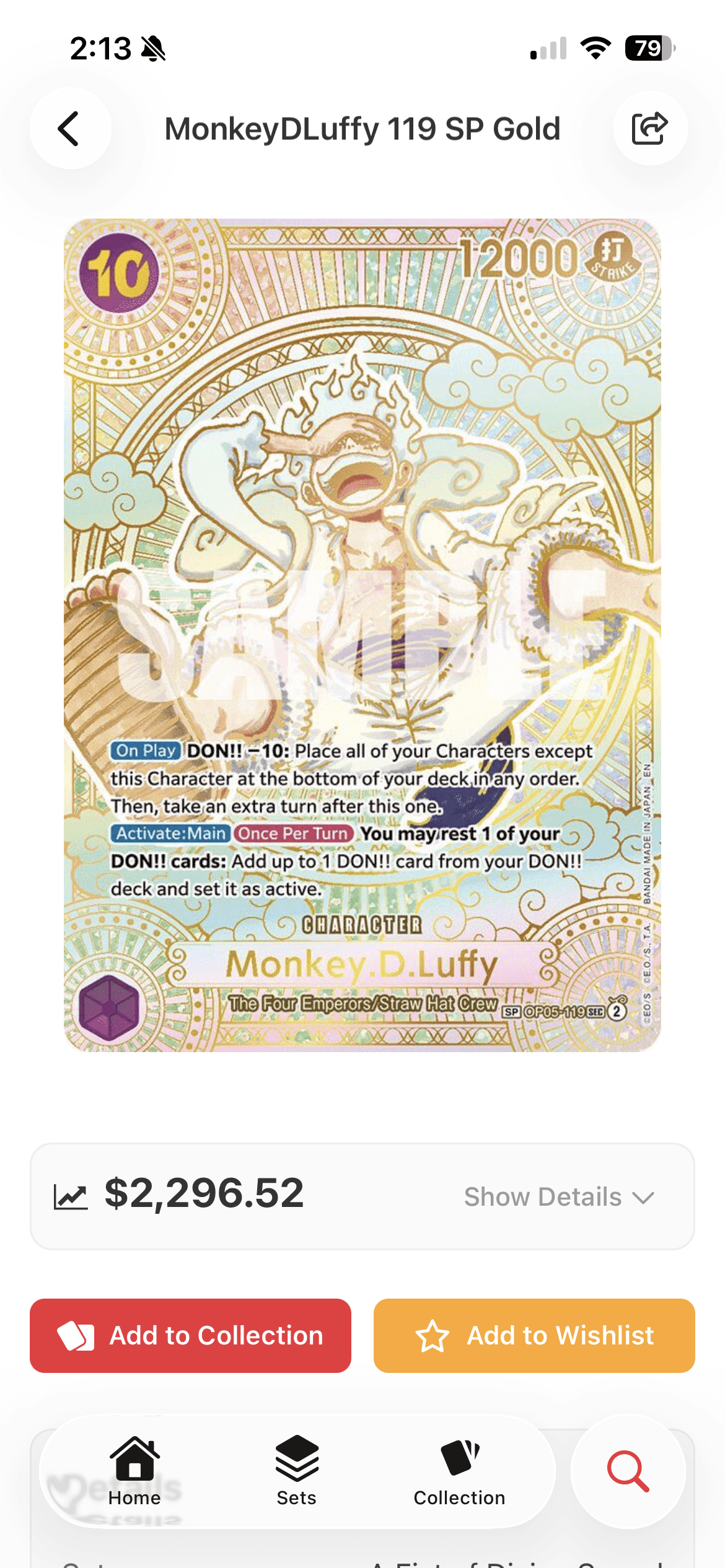 TCG Stacked App One Piece Card Detail Screen