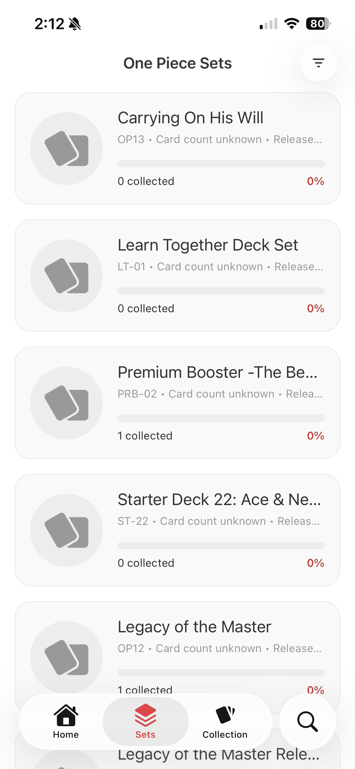 TCG Stacked App One Piece Sets Screen