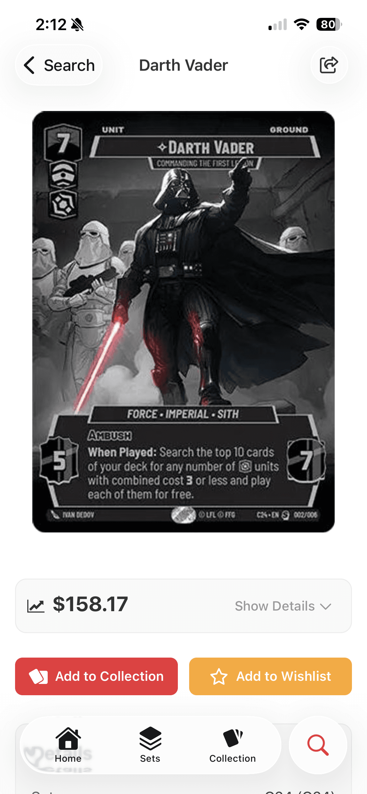 TCG Stacked App Star Wars: Unlimited Card Detail Screen