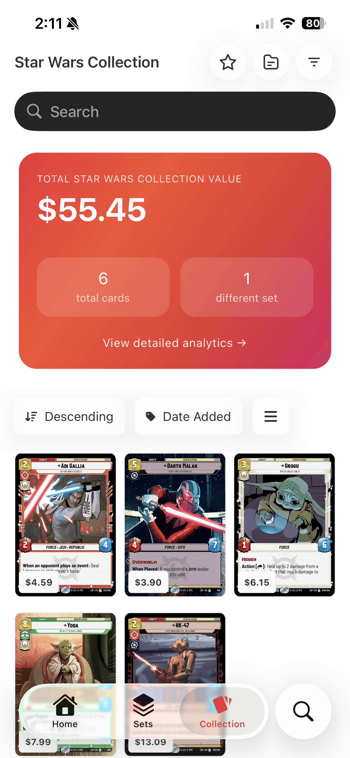 TCG Stacked App Star Wars: Unlimited Collection Screen