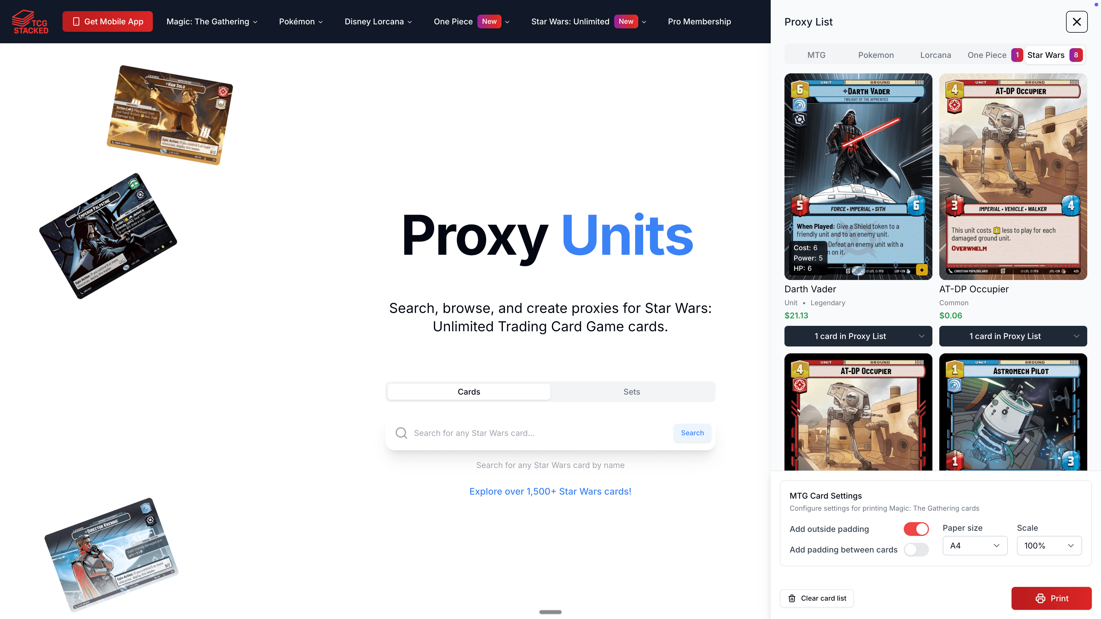 Star Wars proxy list interface showing cards ready to be printed