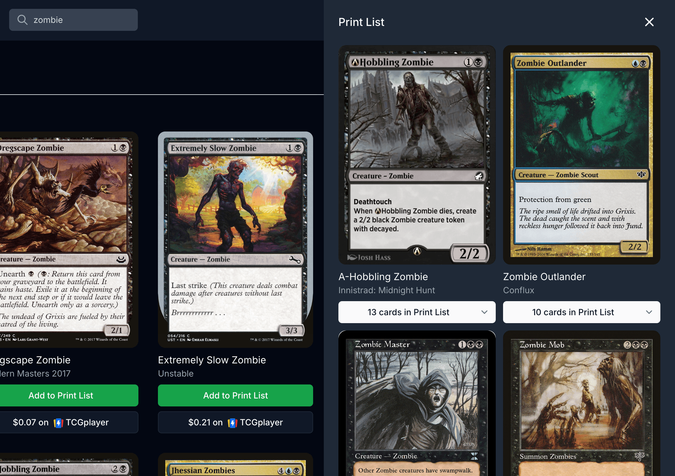 Capture d'écran du panier montrant comment ajouter des cartes à votre liste d'impression
