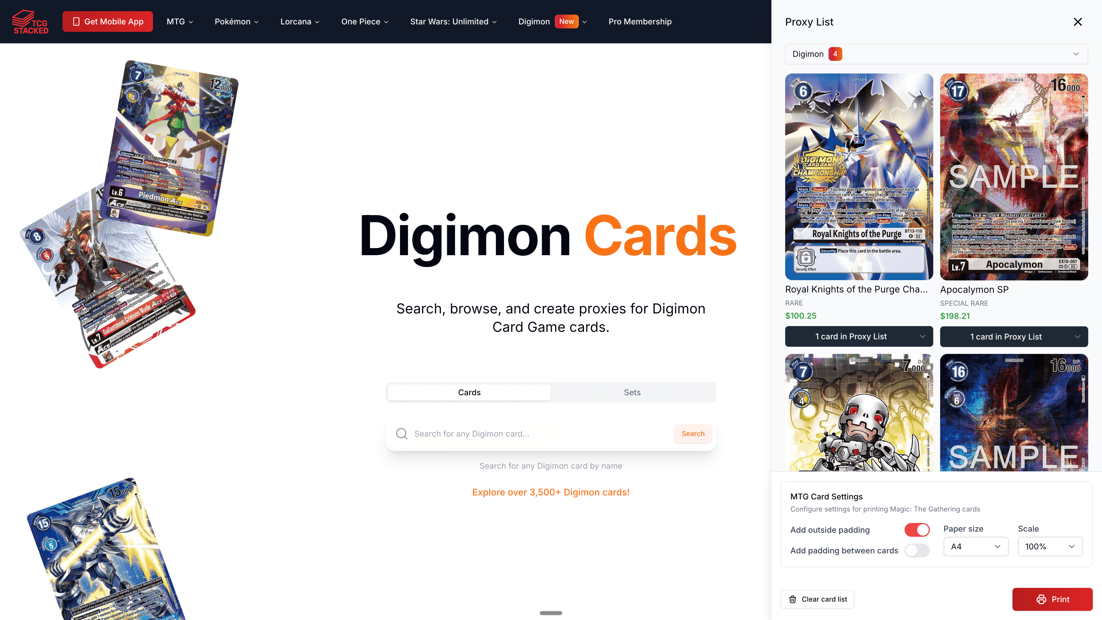 Digimon proxy list interface showing cards ready to be printed