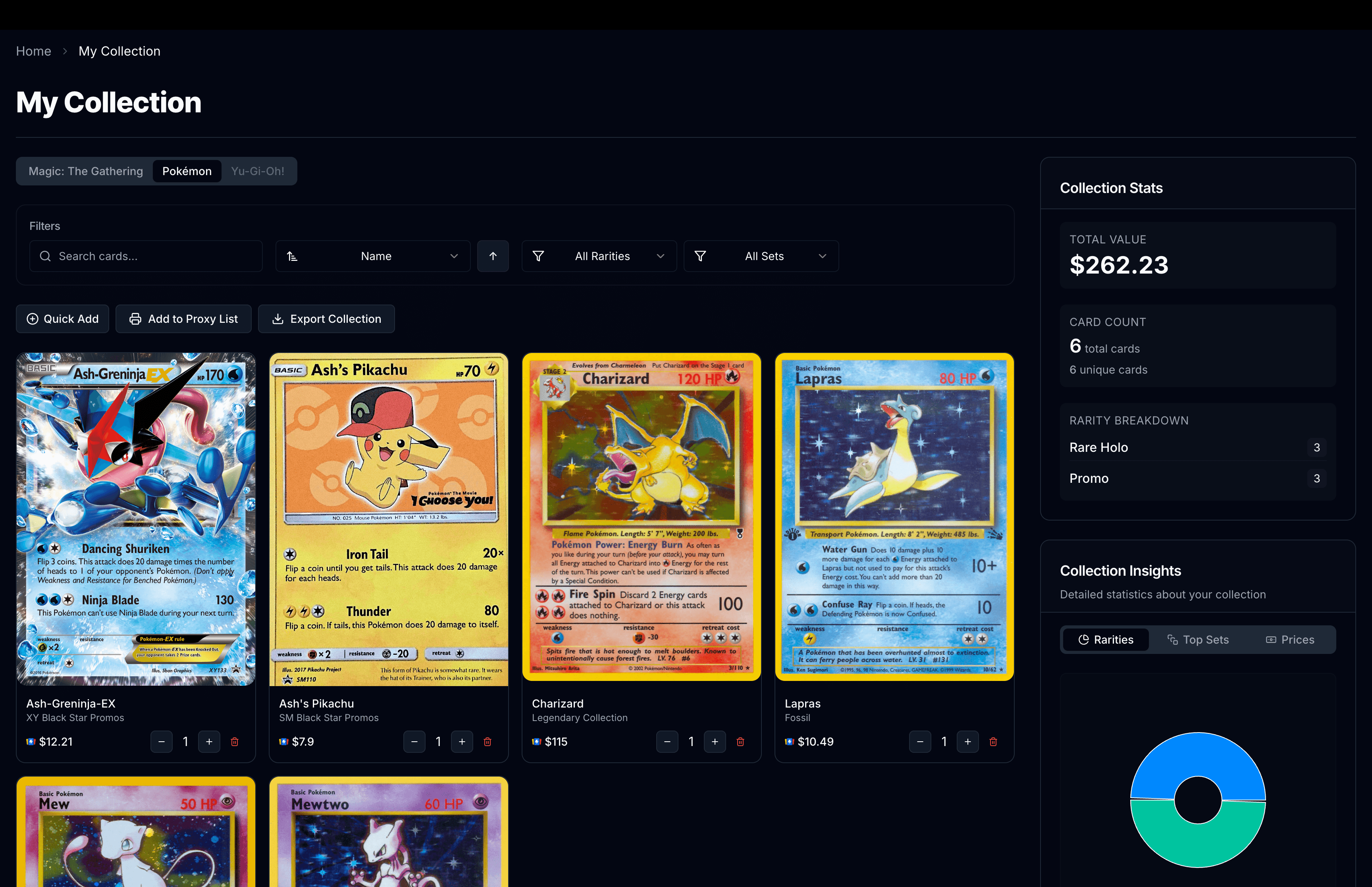 Pokemon collection management interface showing card inventory