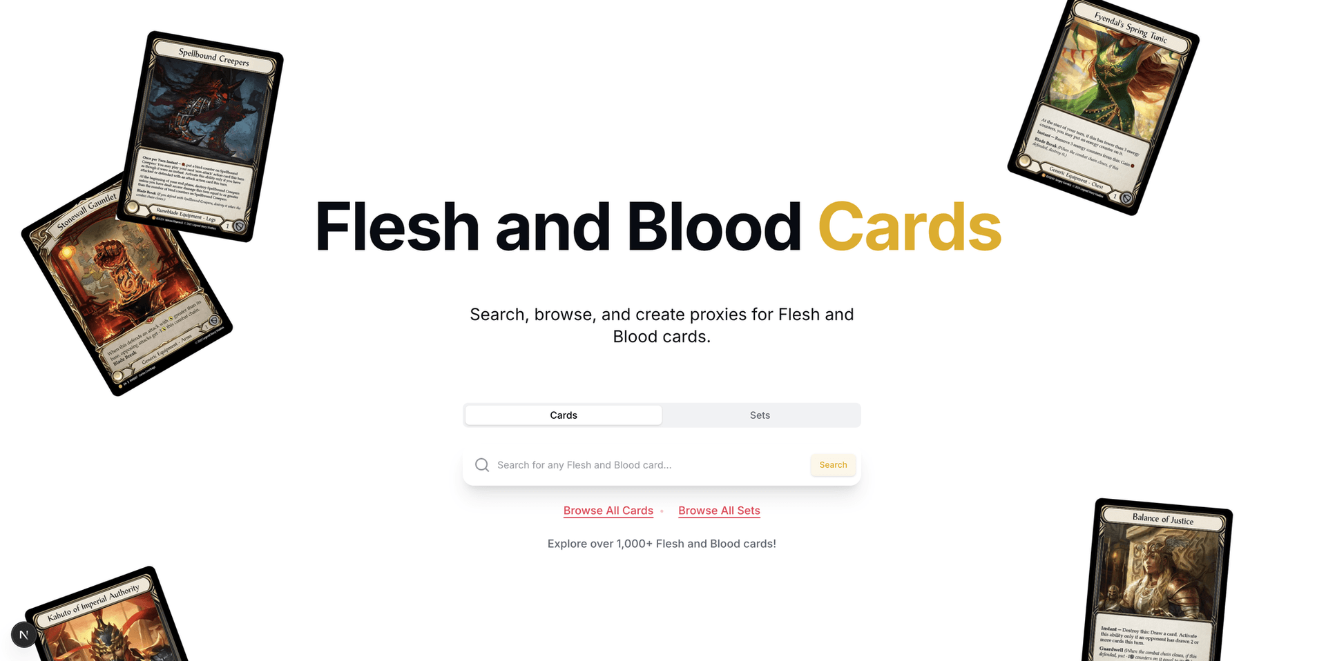 Интерфейс списка прокси Flesh and Blood с картами, готовыми к печати
