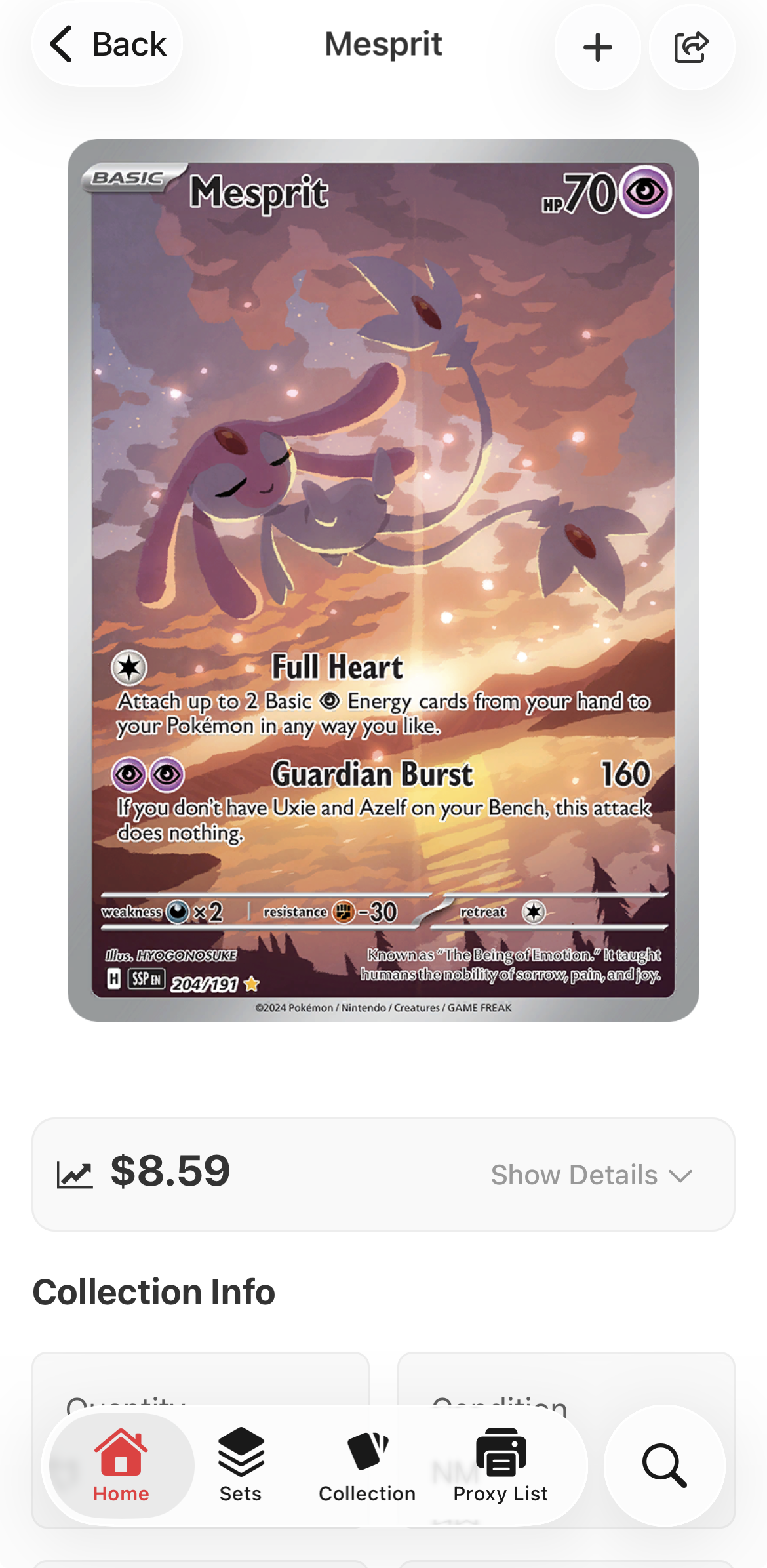 TCG Stacked App Card Detail Screen