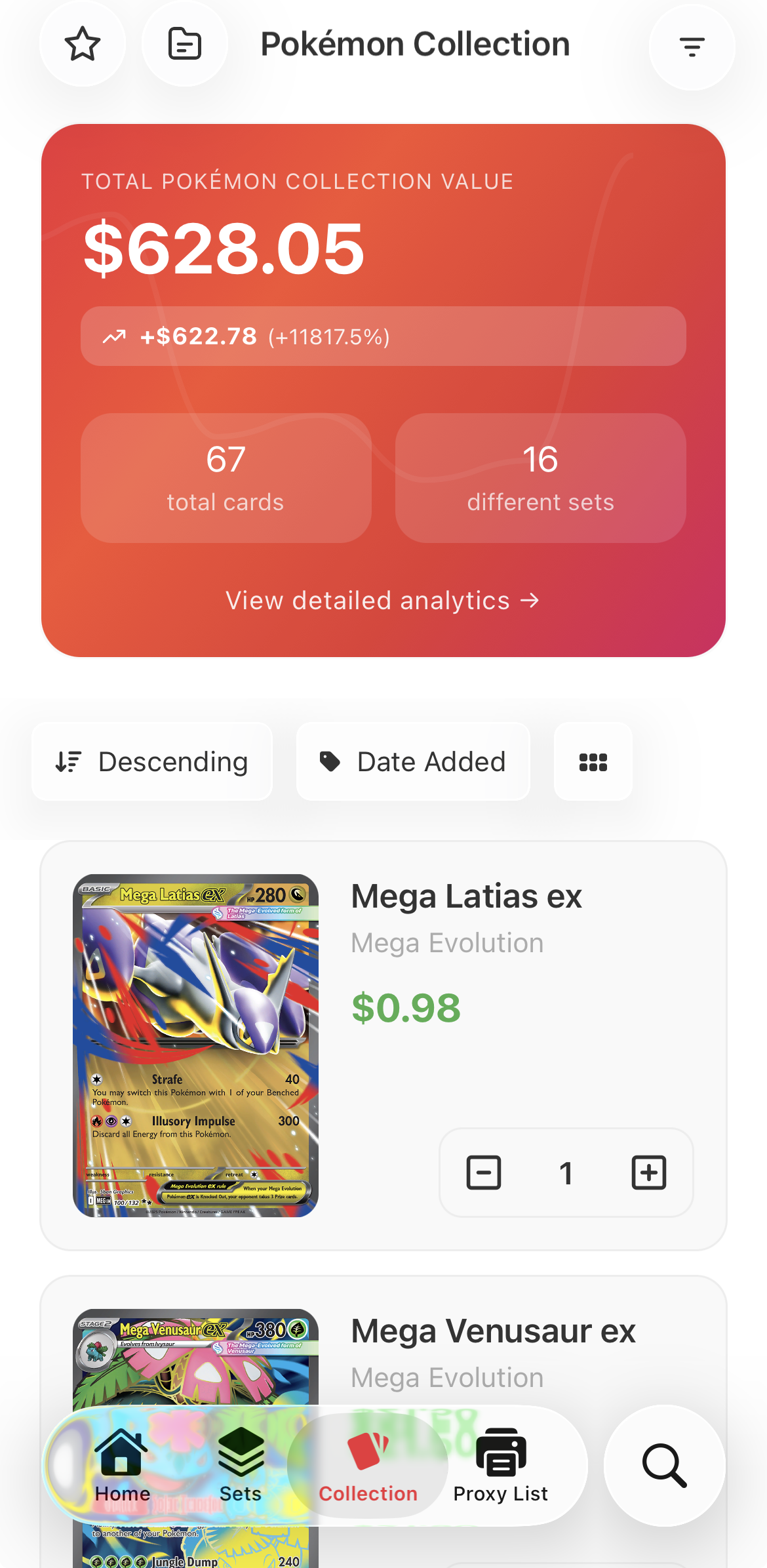 TCG Stacked App Collection Screen