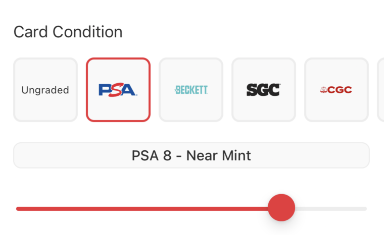 Card condition selection interface showing grading options