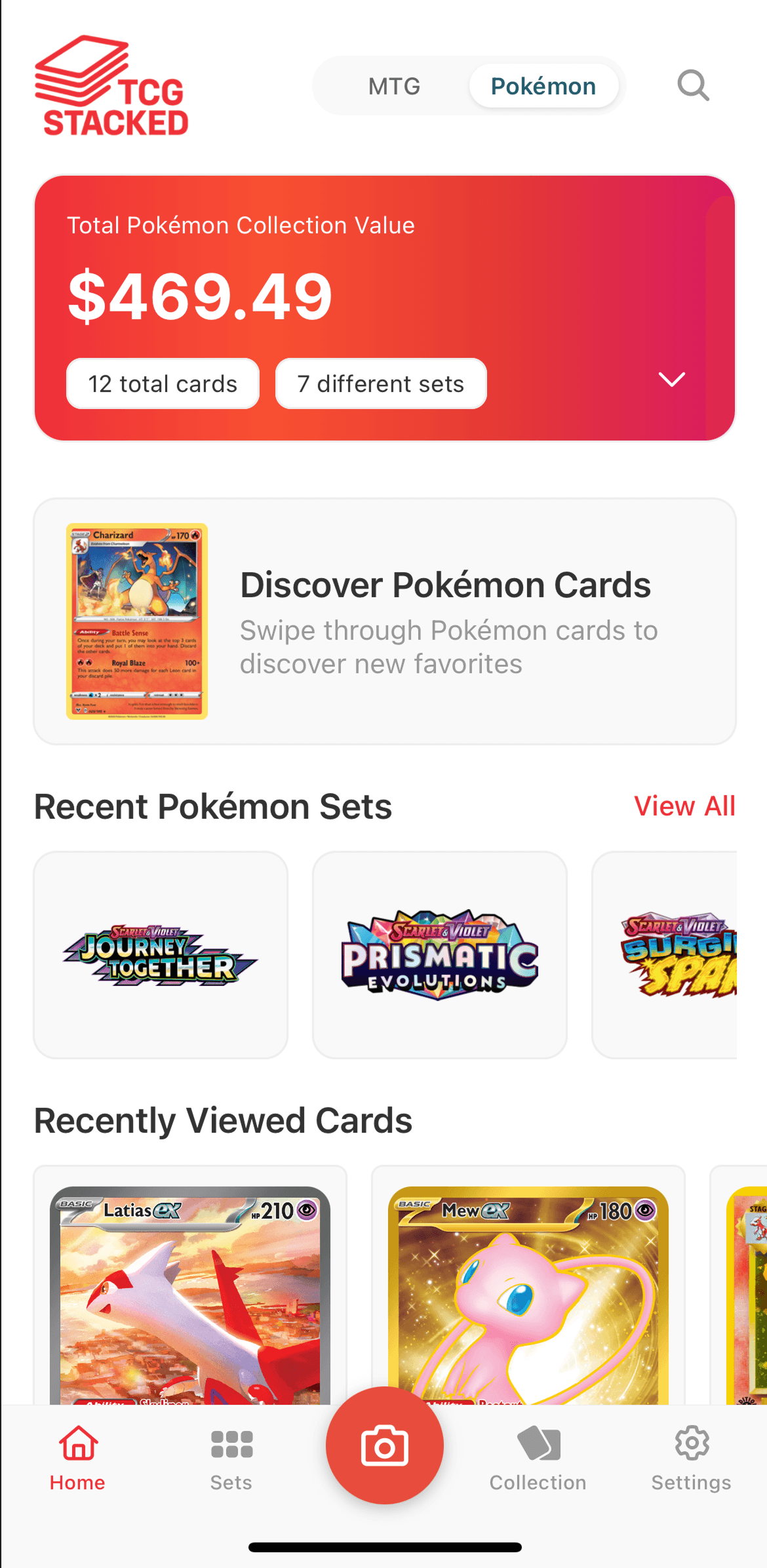 TCG Stacked App Home Screen with Pokemon