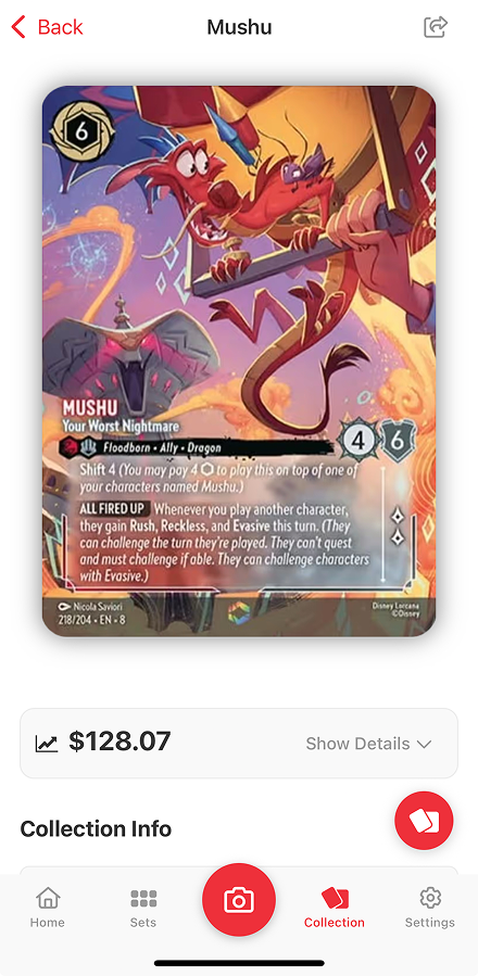 TCG Stacked App Disney Lorcana Card Detail Screen