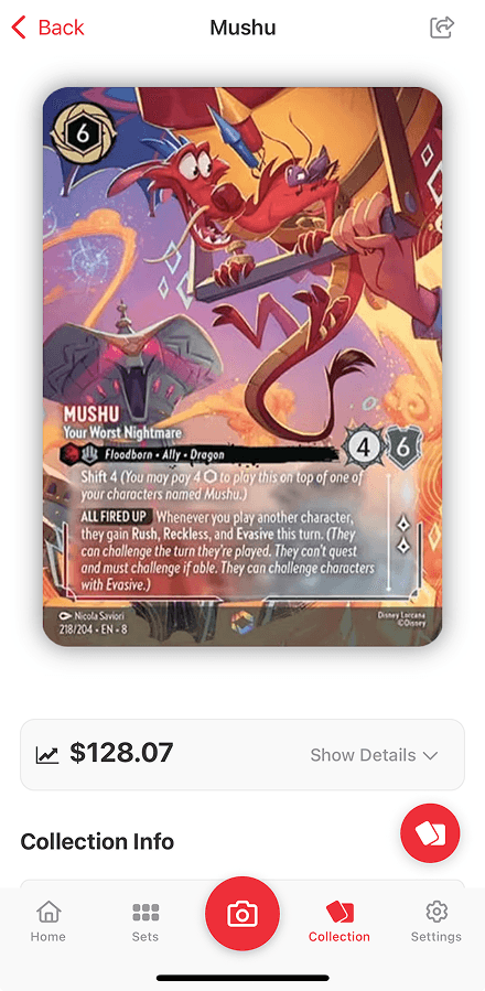 TCG Stacked App Disney Lorcana Card Detail Screen