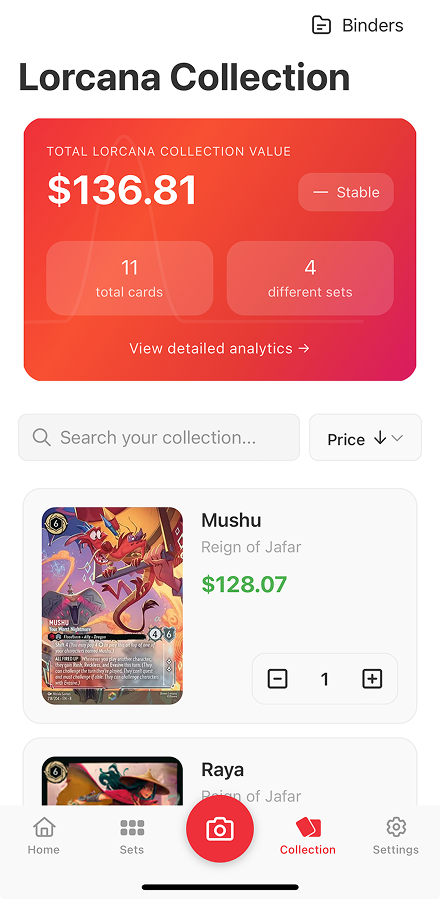 TCG Stacked App Disney Lorcana Collection Screen