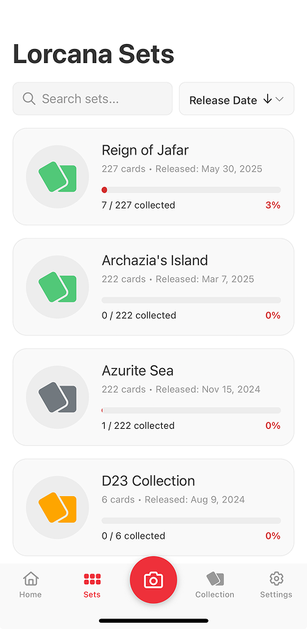 TCG Stacked App Disney Lorcana Sets Screen