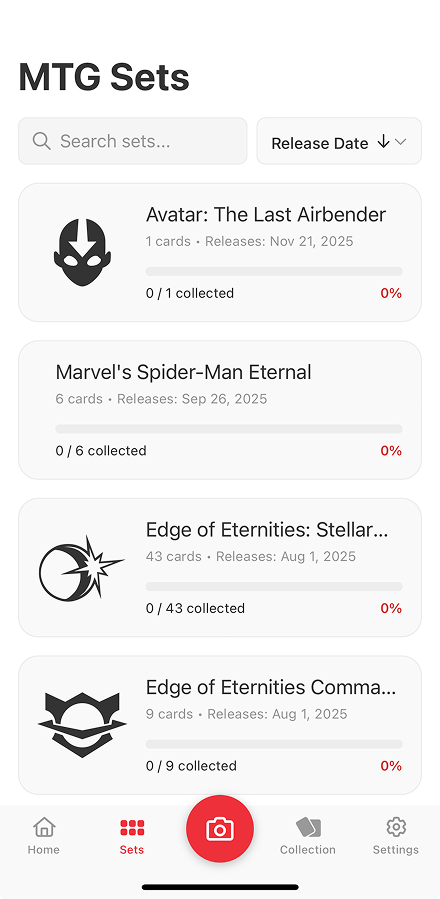 TCG Stacked App MTG Sets Screen