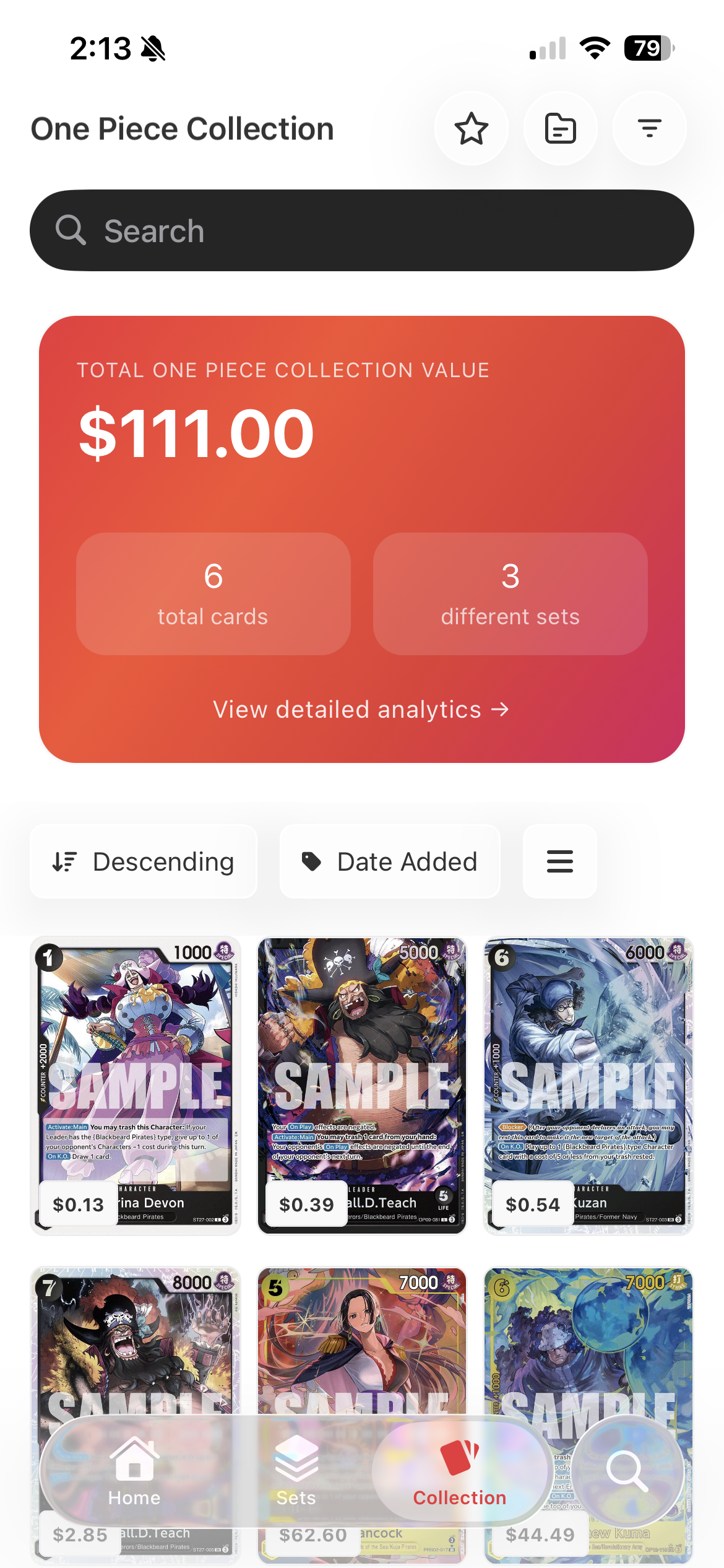 TCG Stacked App One Piece Collection Screen