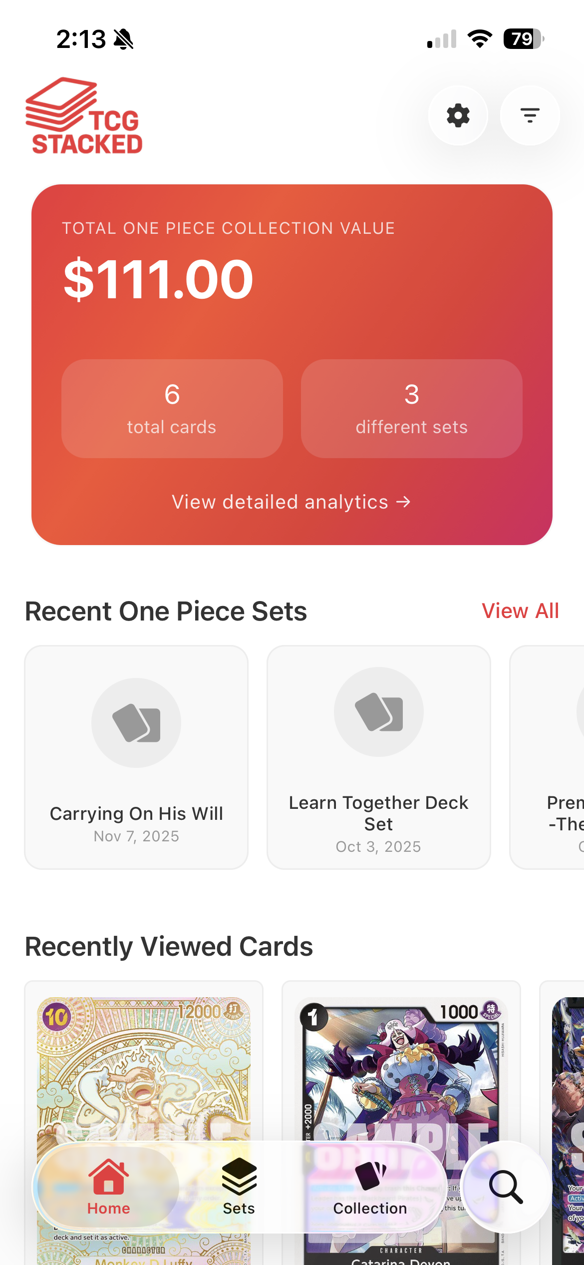 TCG Stacked App Home Screen with One Piece