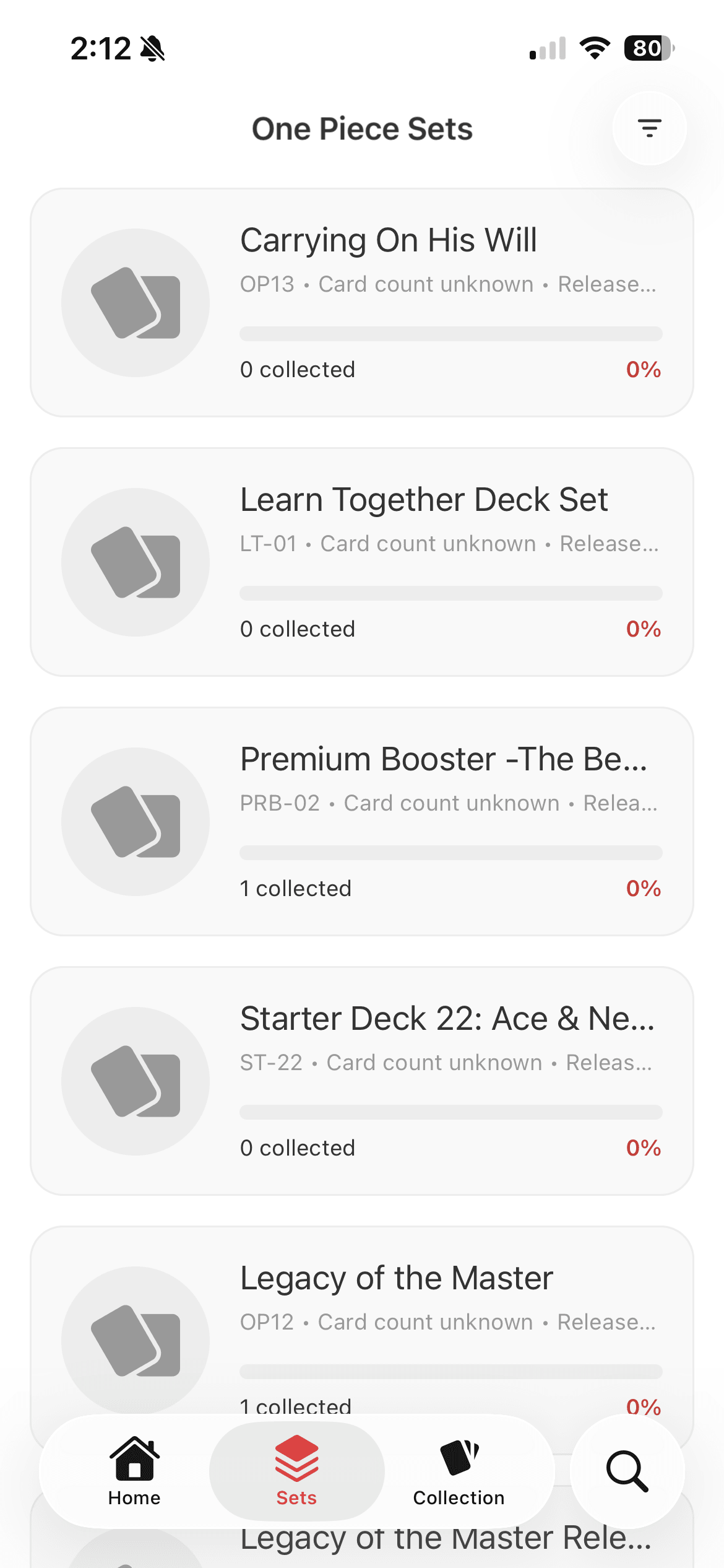 TCG Stacked App One Piece Sets Screen