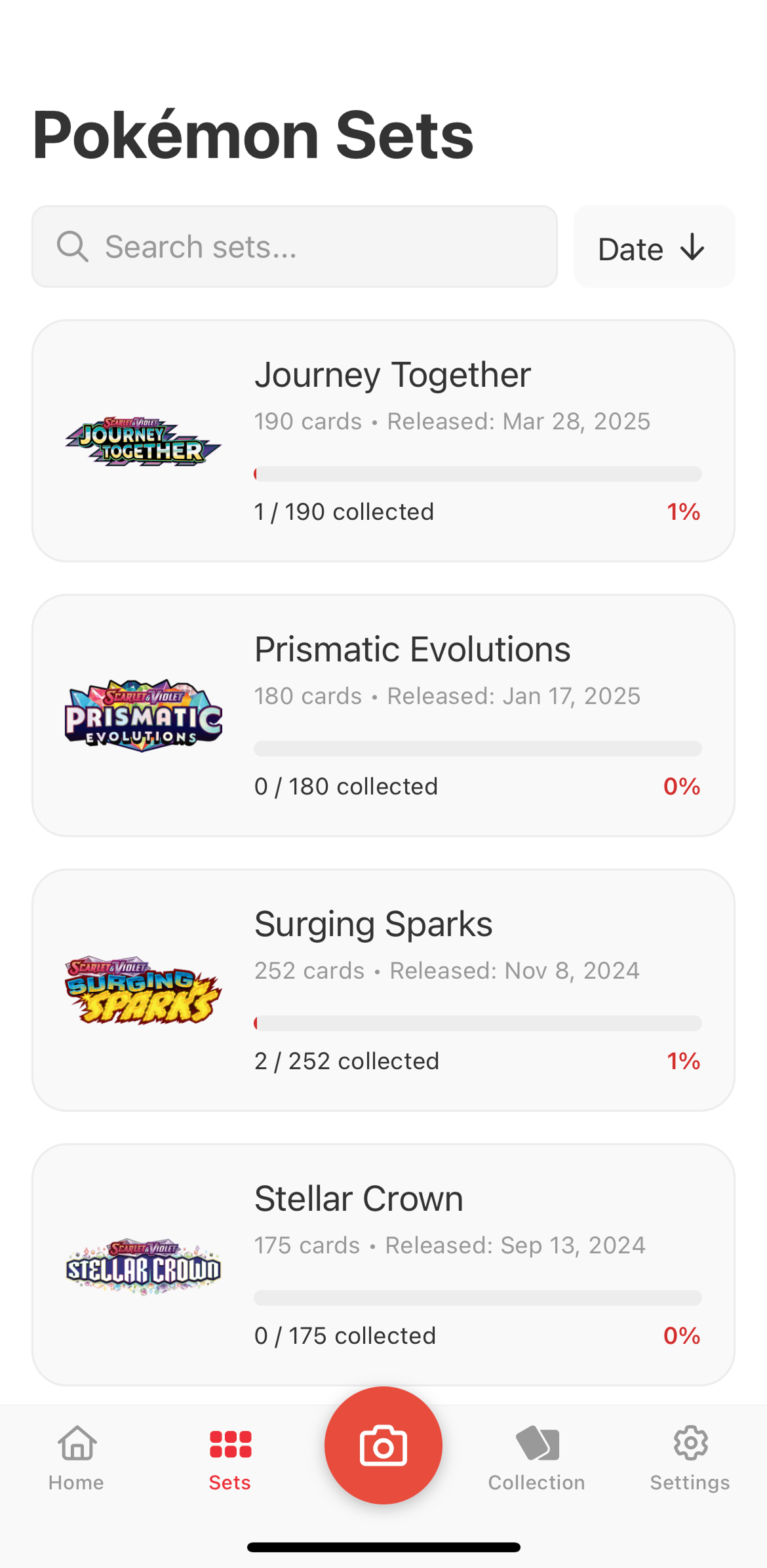 TCG Stacked App Pokemon Sets Screen