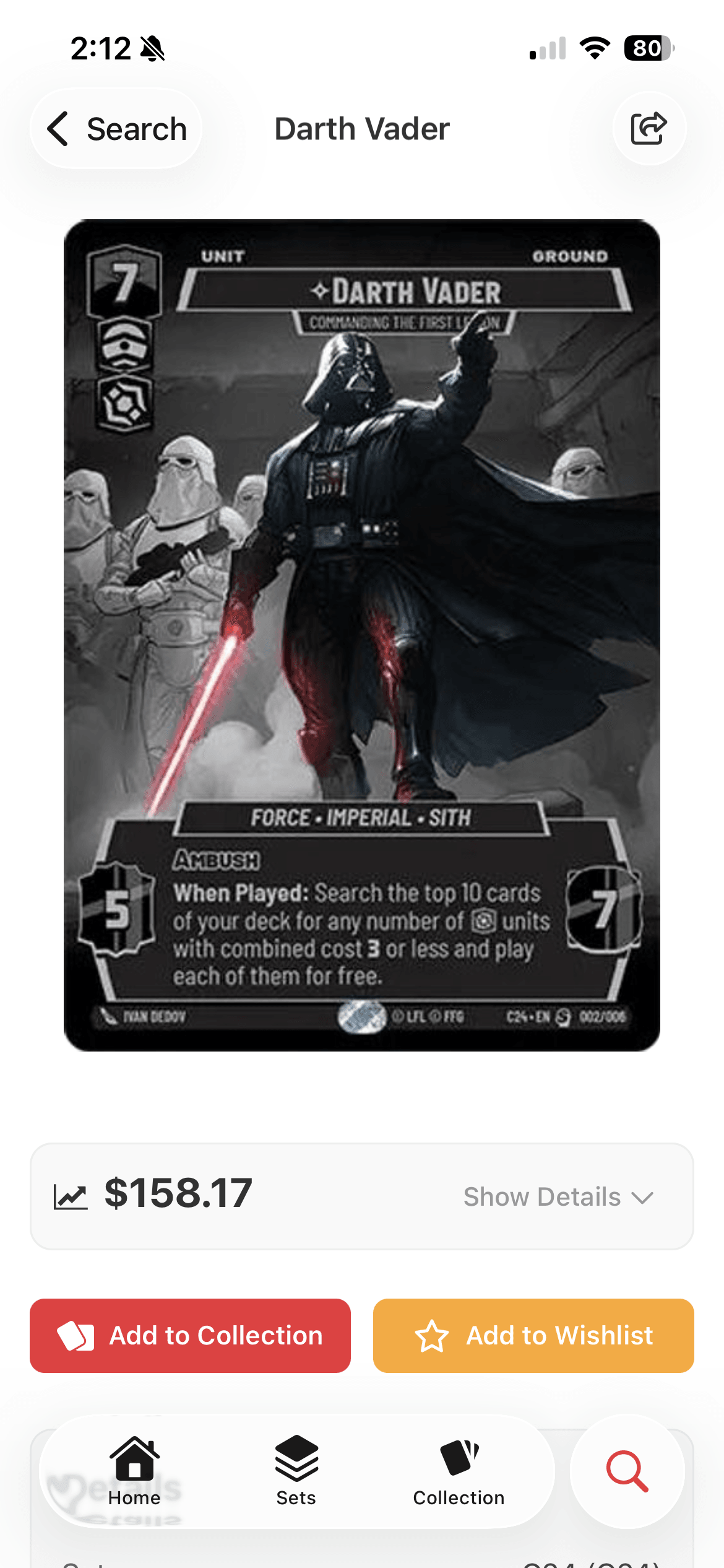 TCG Stacked App Star Wars: Unlimited Card Detail Screen