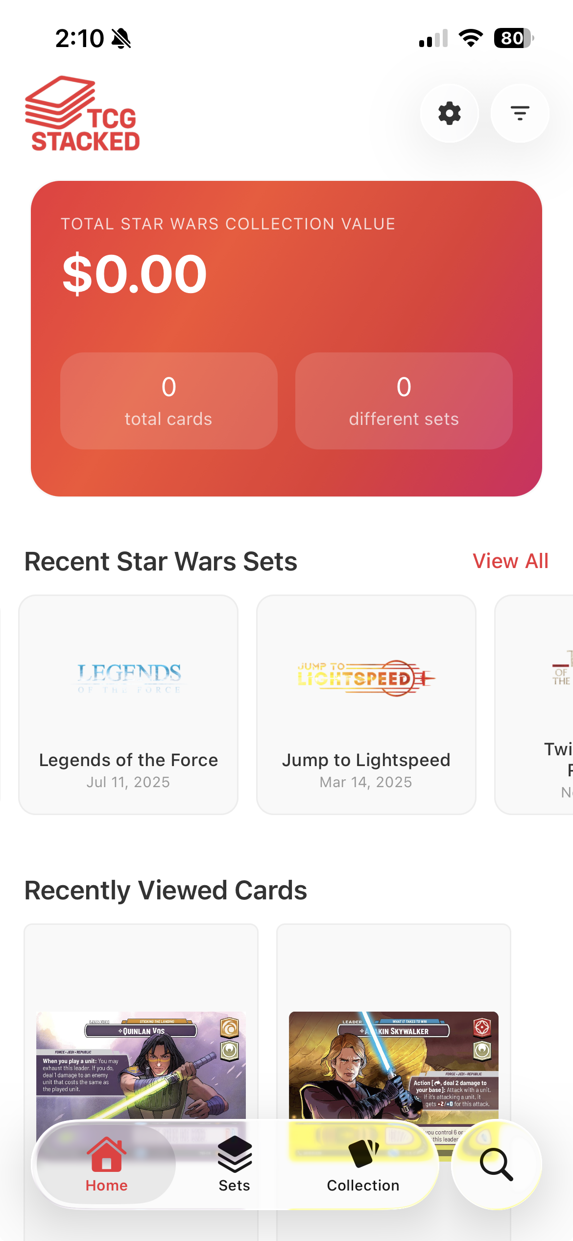 TCG Stacked App Home Screen with Star Wars: Unlimited