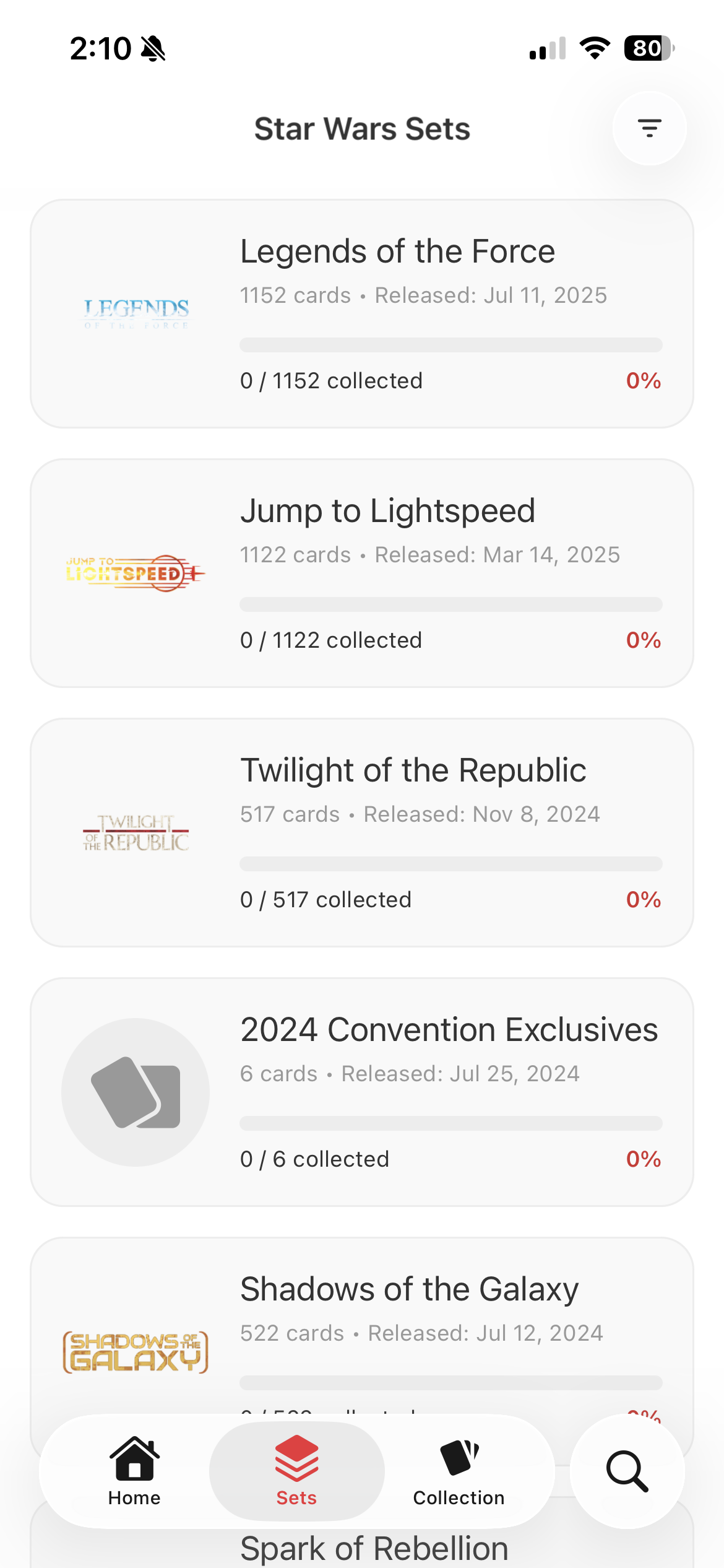 TCG Stacked App Star Wars: Unlimited Sets Screen