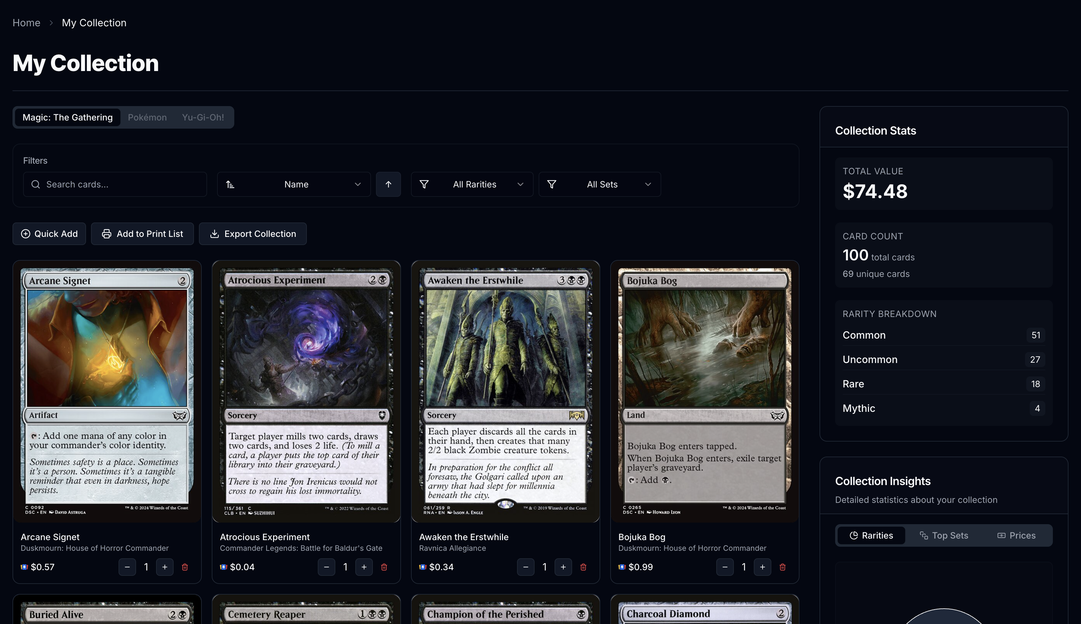 Collection management interface showing card organization and tracking