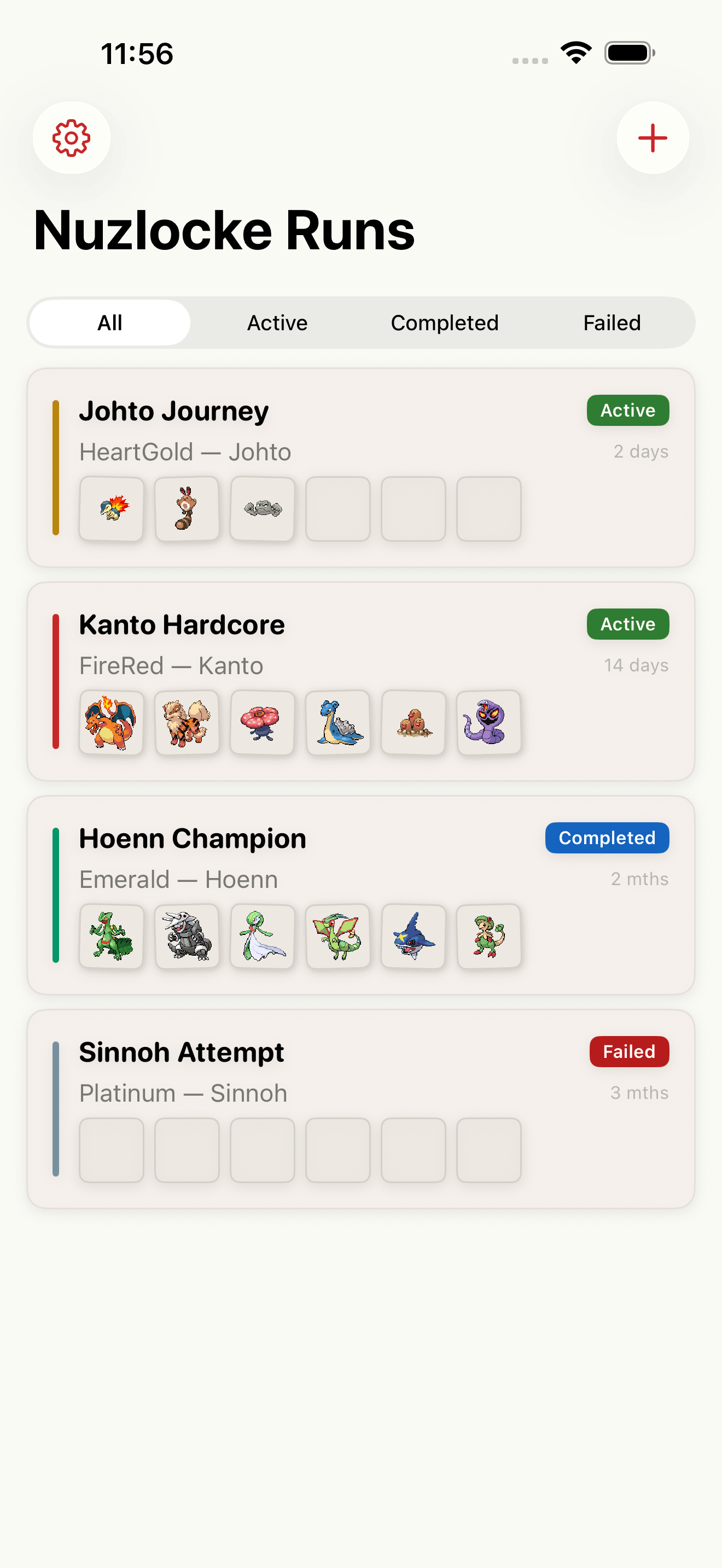 Nuzlocke Runs list showing active, completed, and failed runs with Pokemon team sprites