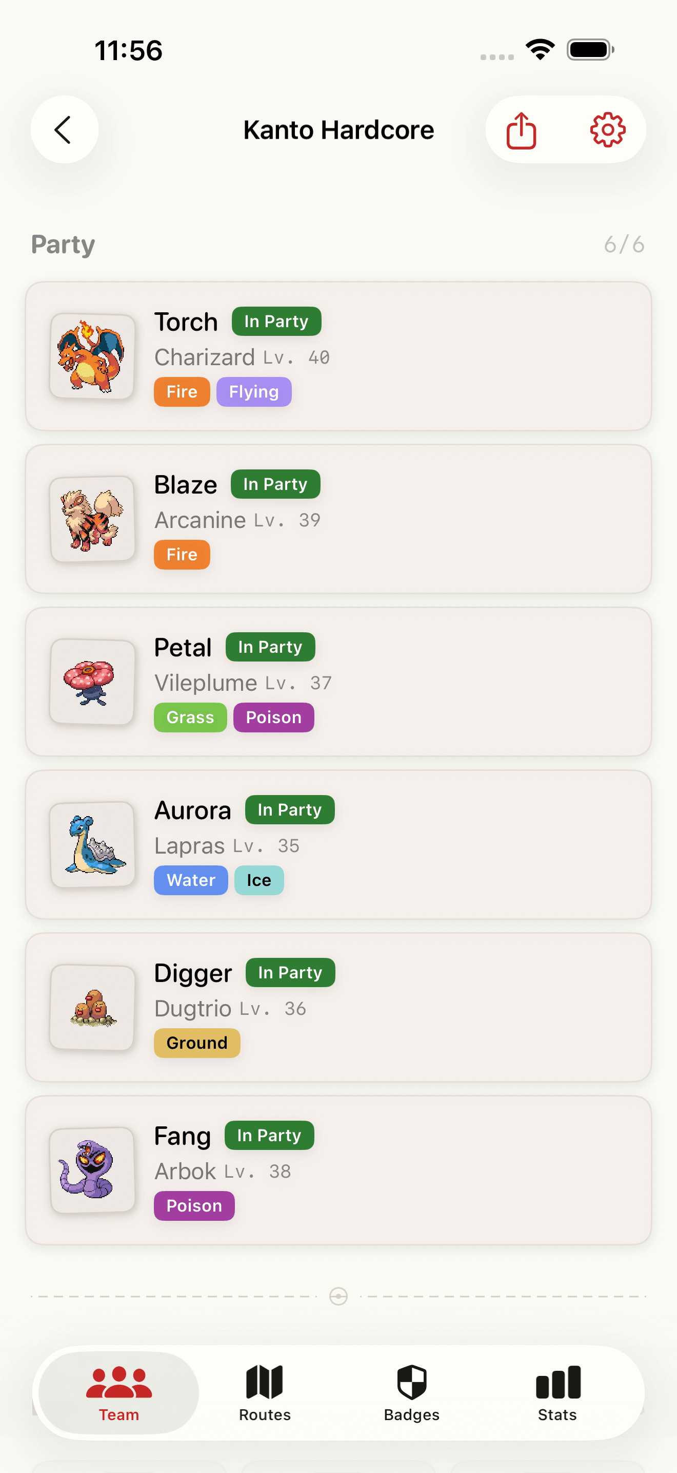Party view showing Pokemon with nicknames, levels, and type badges