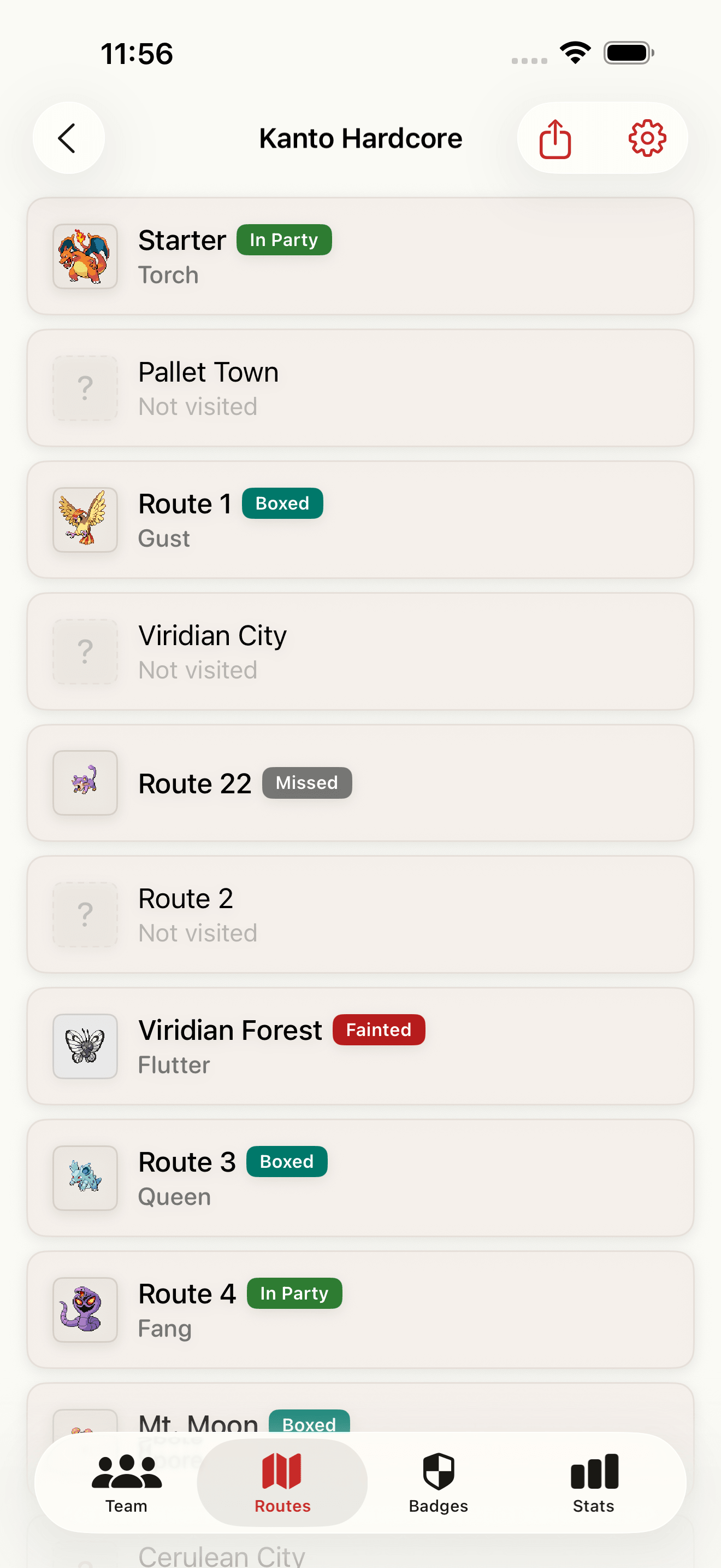 Route list showing encounter statuses for each location