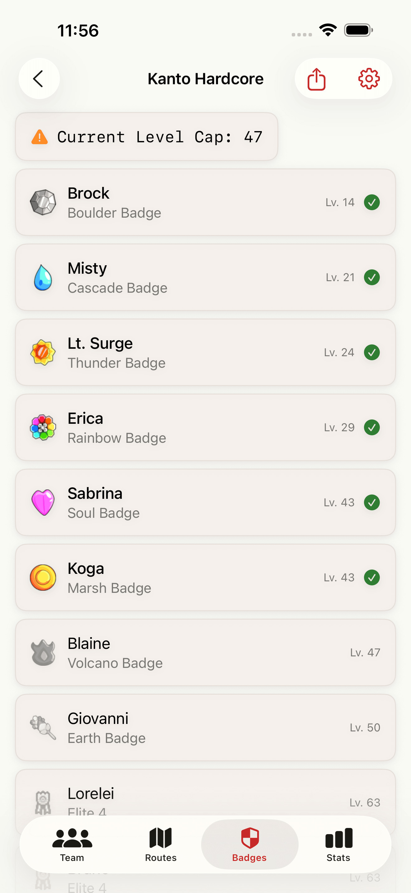 Badge tracker showing gym leaders, level caps, and completion status