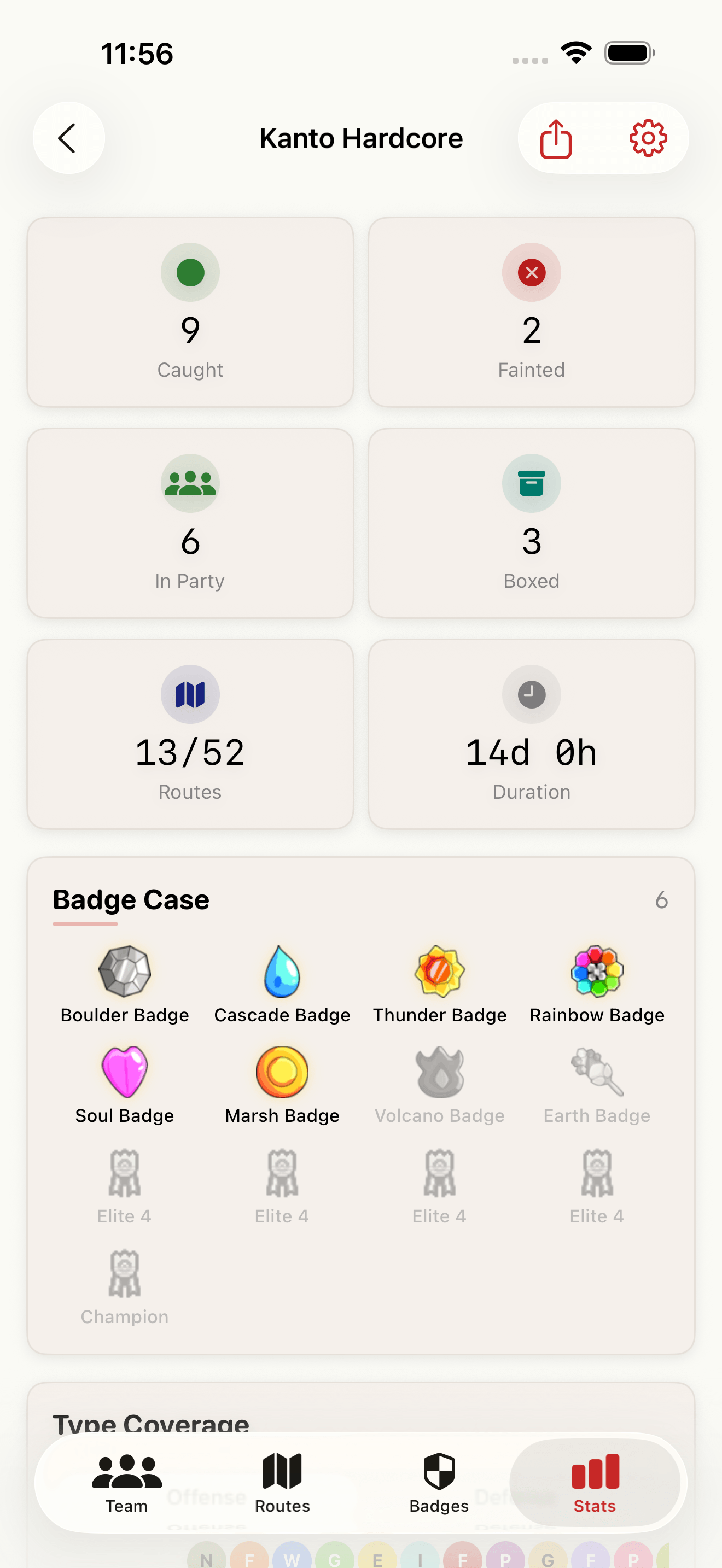 Statistics dashboard showing caught, fainted, party, boxed counts and badge case