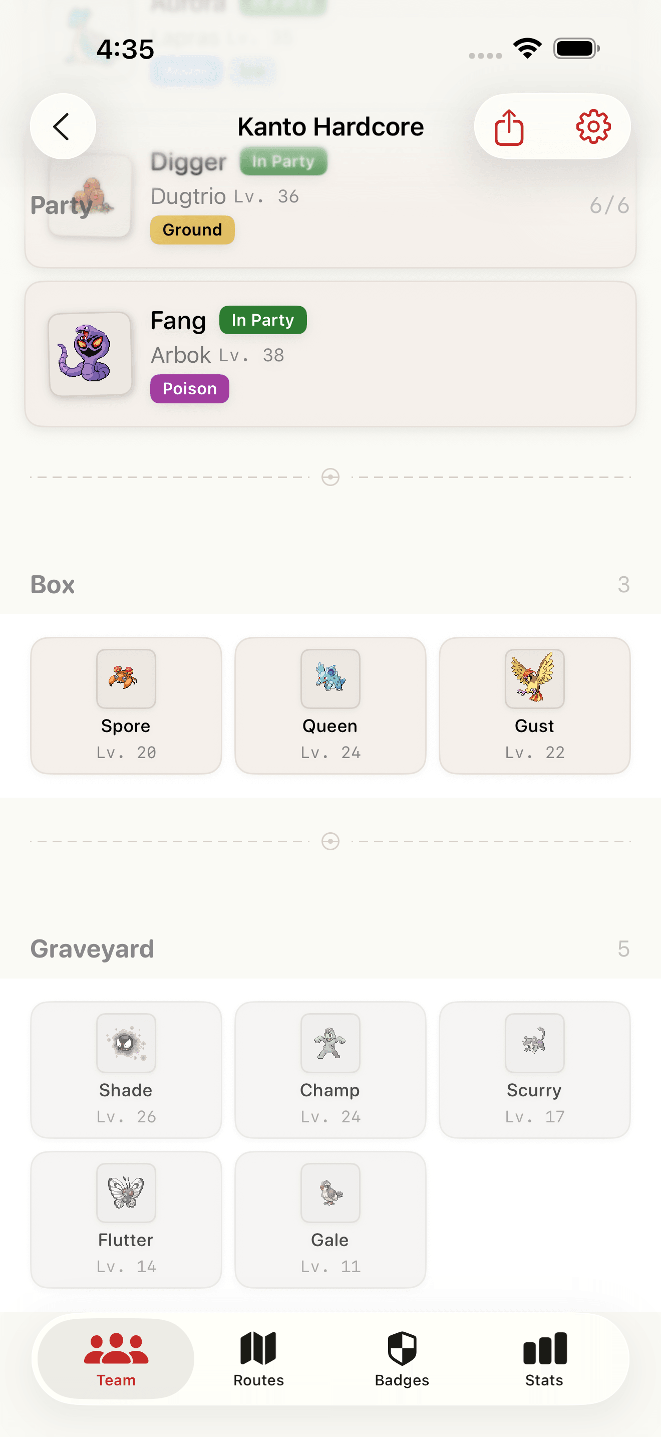 Graveyard showing fainted Pokemon with box and party sections