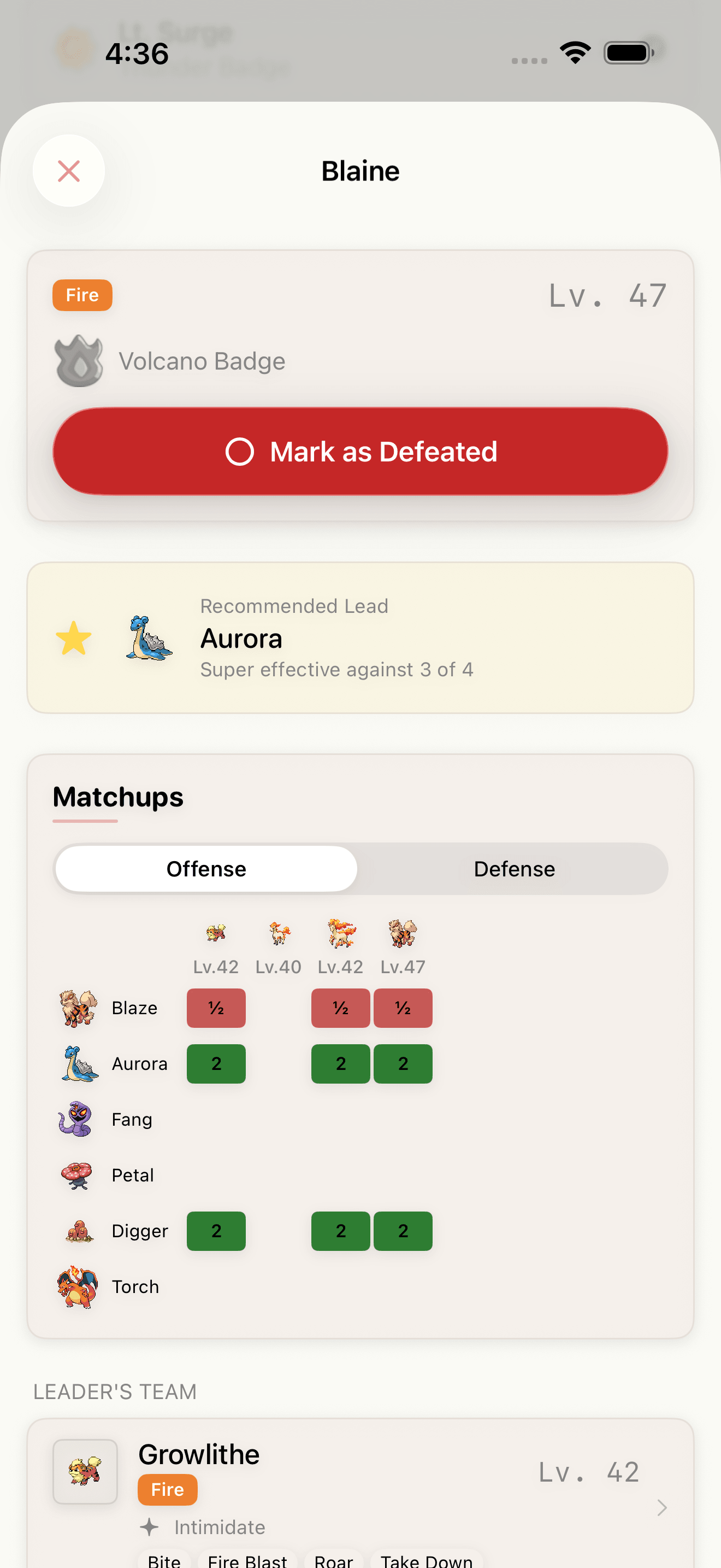 Gym prep showing recommended lead and matchup grid against Blaine