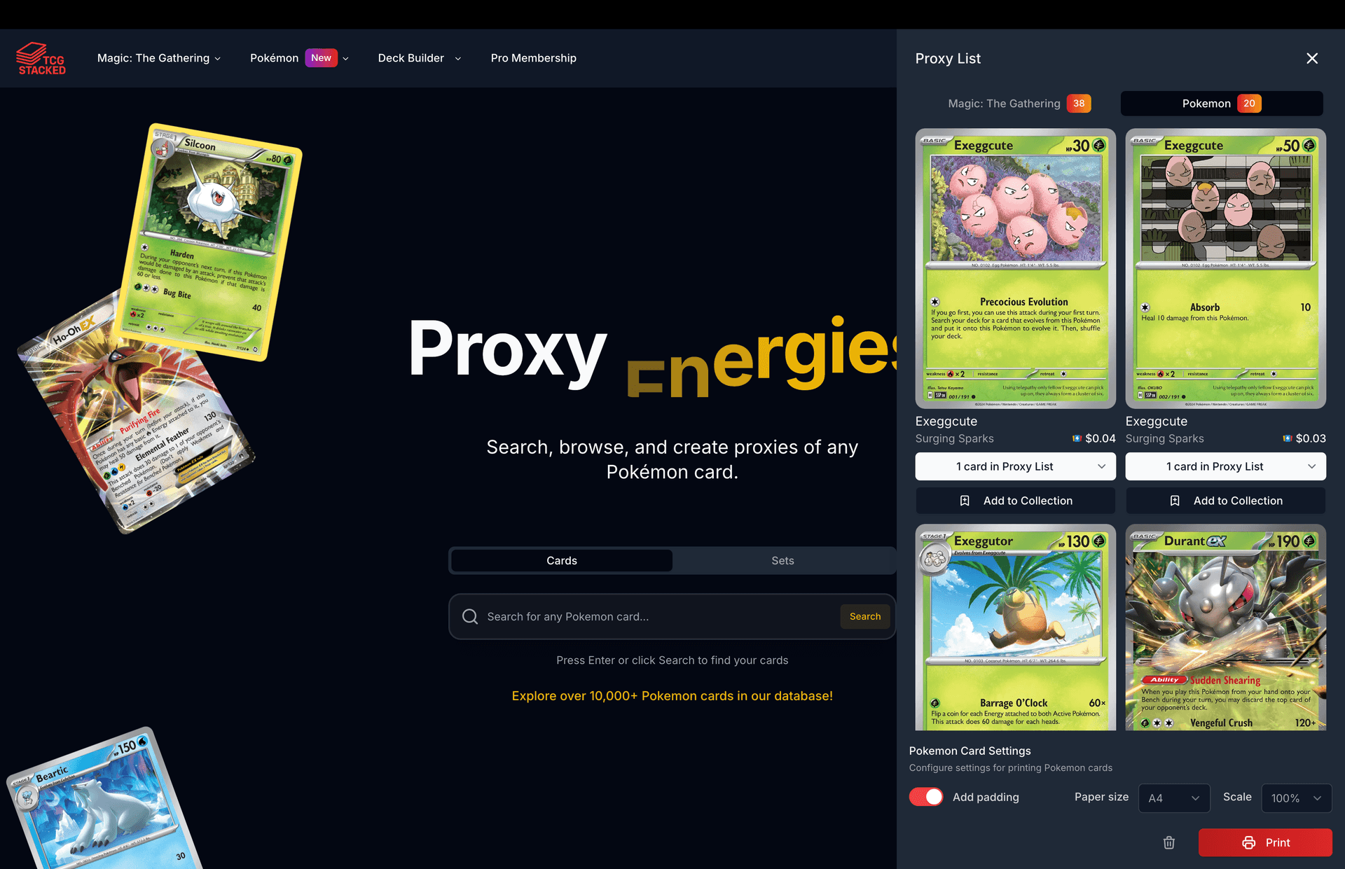 Pokemon proxy list interface showing cards ready to be printed